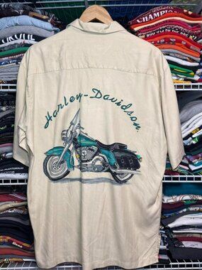 Harley Davidson Tori Richard silk herringbone embroidered motorcycle button up